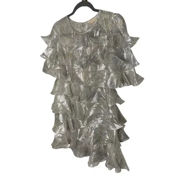 Rebecca Taylor Lily Ruffle Tiered Mini Dress Metallic Silk Blend Silver Size 0
